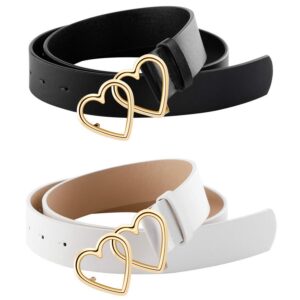 Ayliss Women Leather Waist Belt Fashion Casual Jeans Belt with Double Heart Shape Buckle Dress Pants (Black and White)