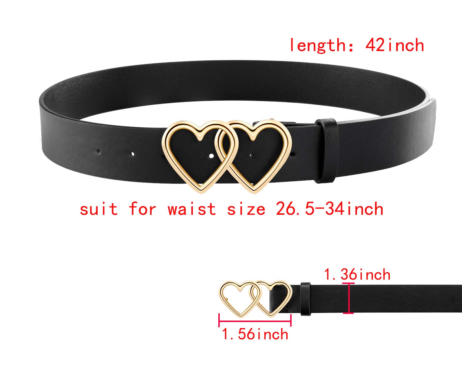 Ayliss Women Leather Waist Belt Fashion Casual Jeans Belt with Double Heart Shape Buckle Dress Pants (Black and White)