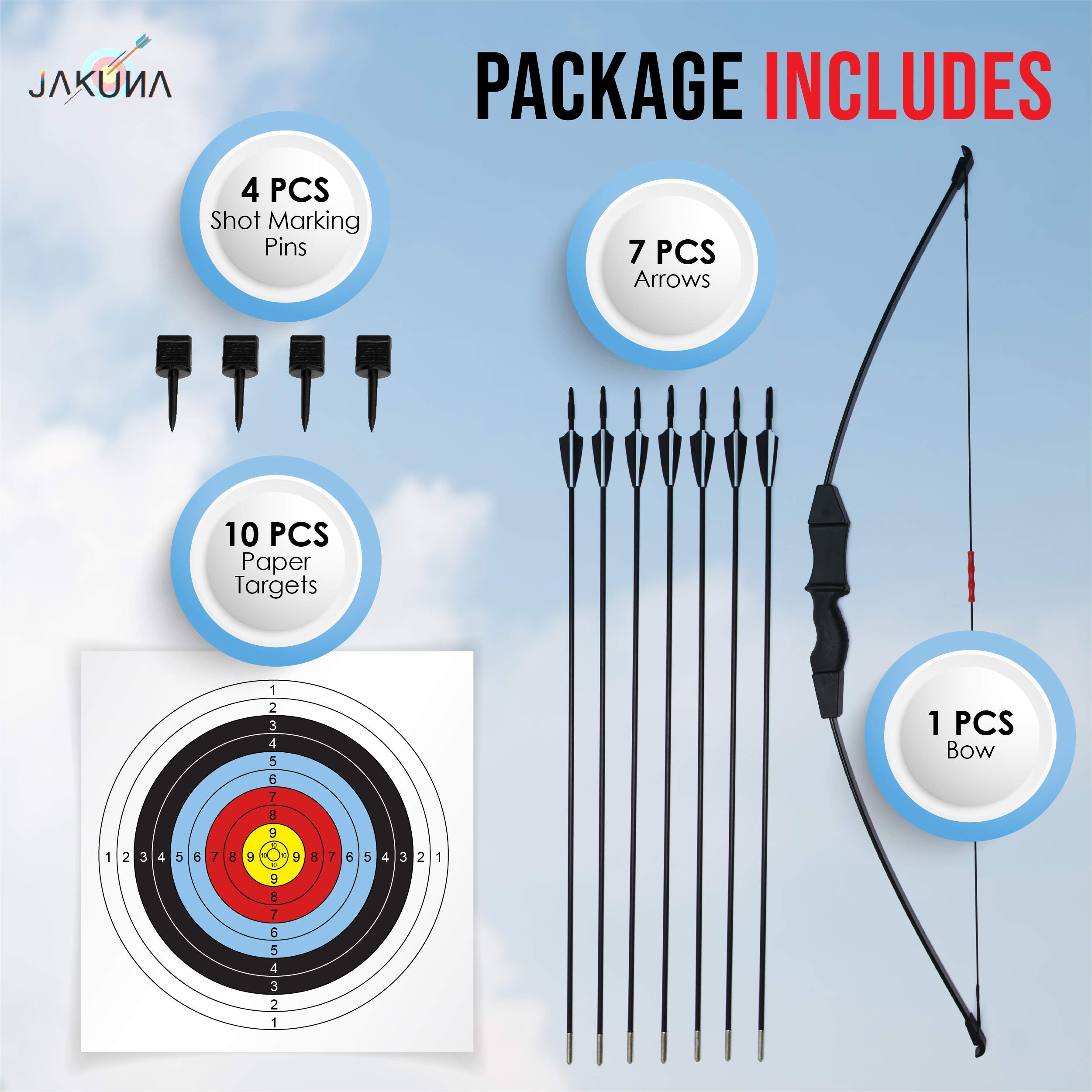 JAKUNA 45" Bow and Arrow Recurve Set for Youth Beginners Bow kit for Backyard Sport Archery Set with 7 Arrows 10 Target Face 18Lb for Teens and Junior Gift Outdoor Sports (Black)