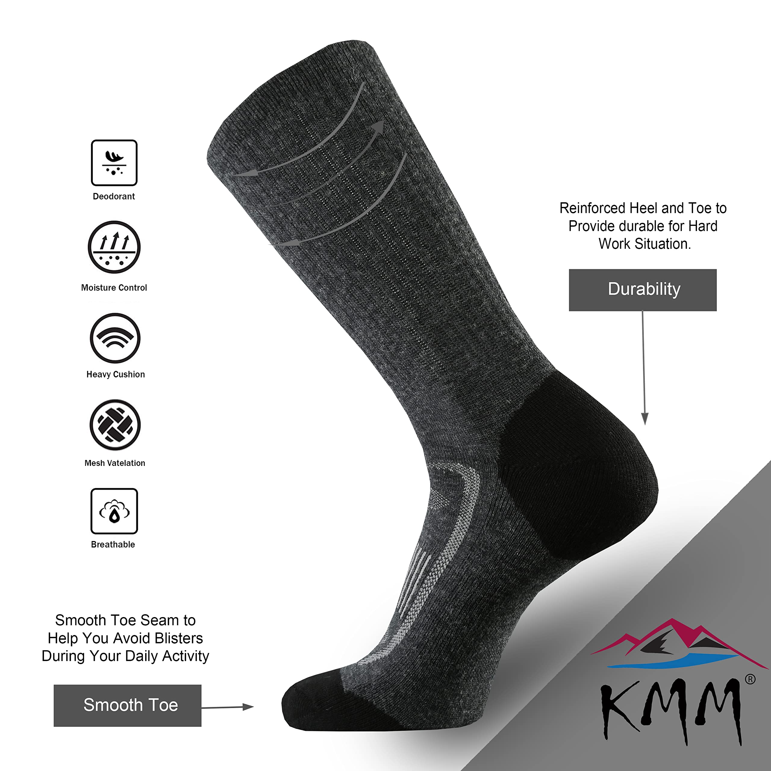 KMM Men's Merino Wool Cushion Crew Socks Moisture Wicking Control Medium Weight Warm for Outdoor Hiking Hike Trail Cycling(DarkGray XL)