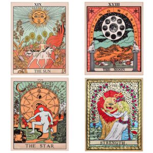 ZeeDix 4 Pcs Tarot Flag Tapestry- Small Tarot Card Europe Mysterious Medieval Tapestry, The Strength, The Sun, The Moon, The Star Astrology Divination Tapestry for Home Room with Seamless Nails