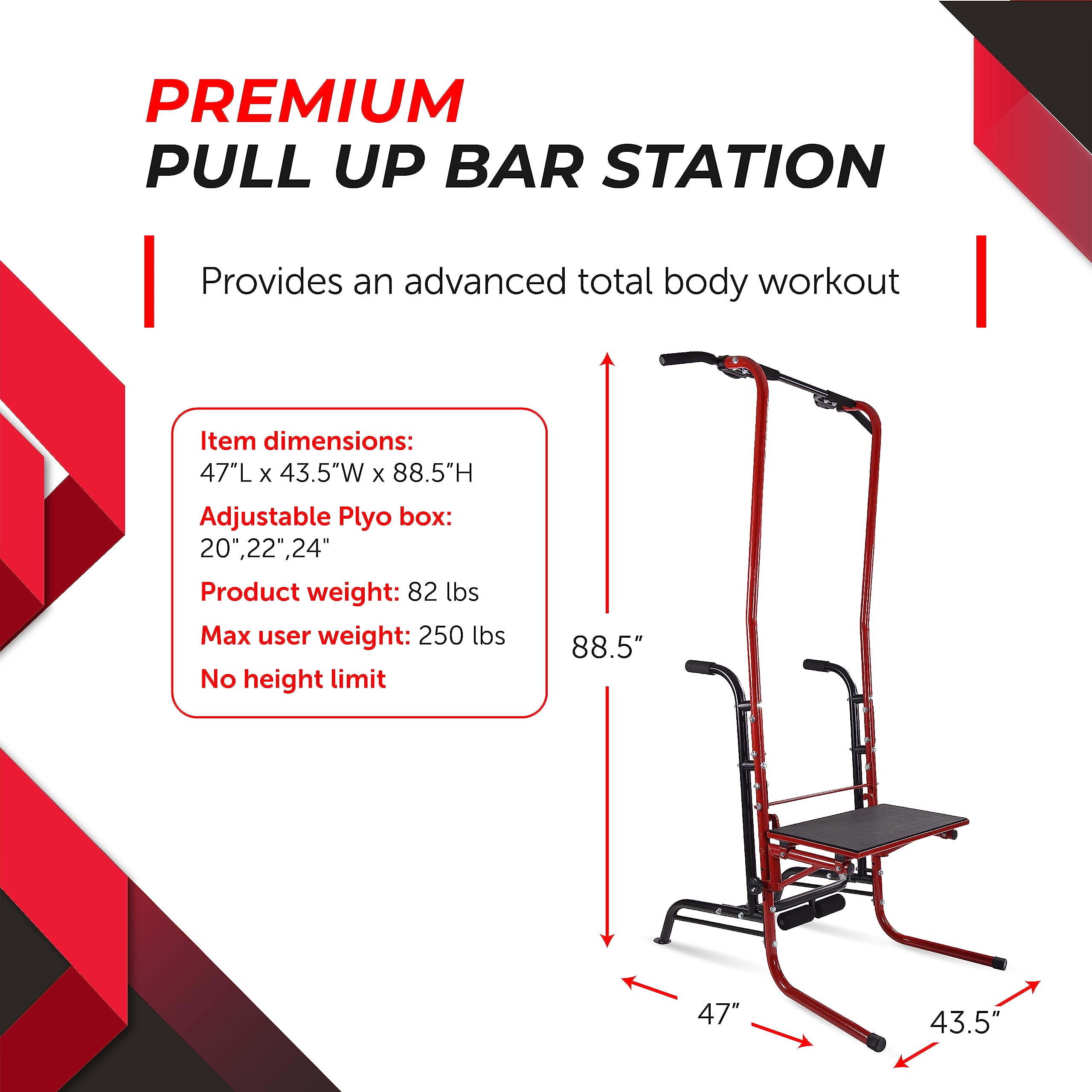 Stamina Power Tower w/Smart Workout App - Pull Up Bar Dip Station for Home Gym Strength Training Workout Equipment, Red/Black