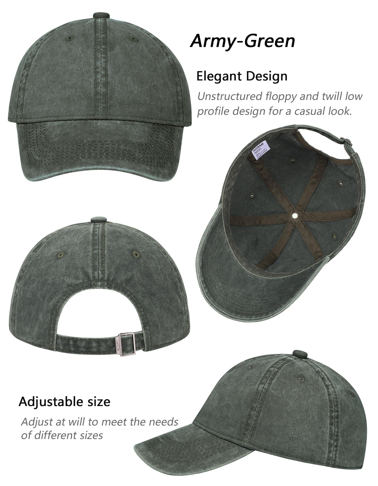 AOSMI 3 Pack Vintage Washed Cotton Adjustable Distressed Baseball Caps Men Women Summer Unstructured Soft Low Profile Blank Plain Ball Caps Workout Dad Hat Black Green Khaki