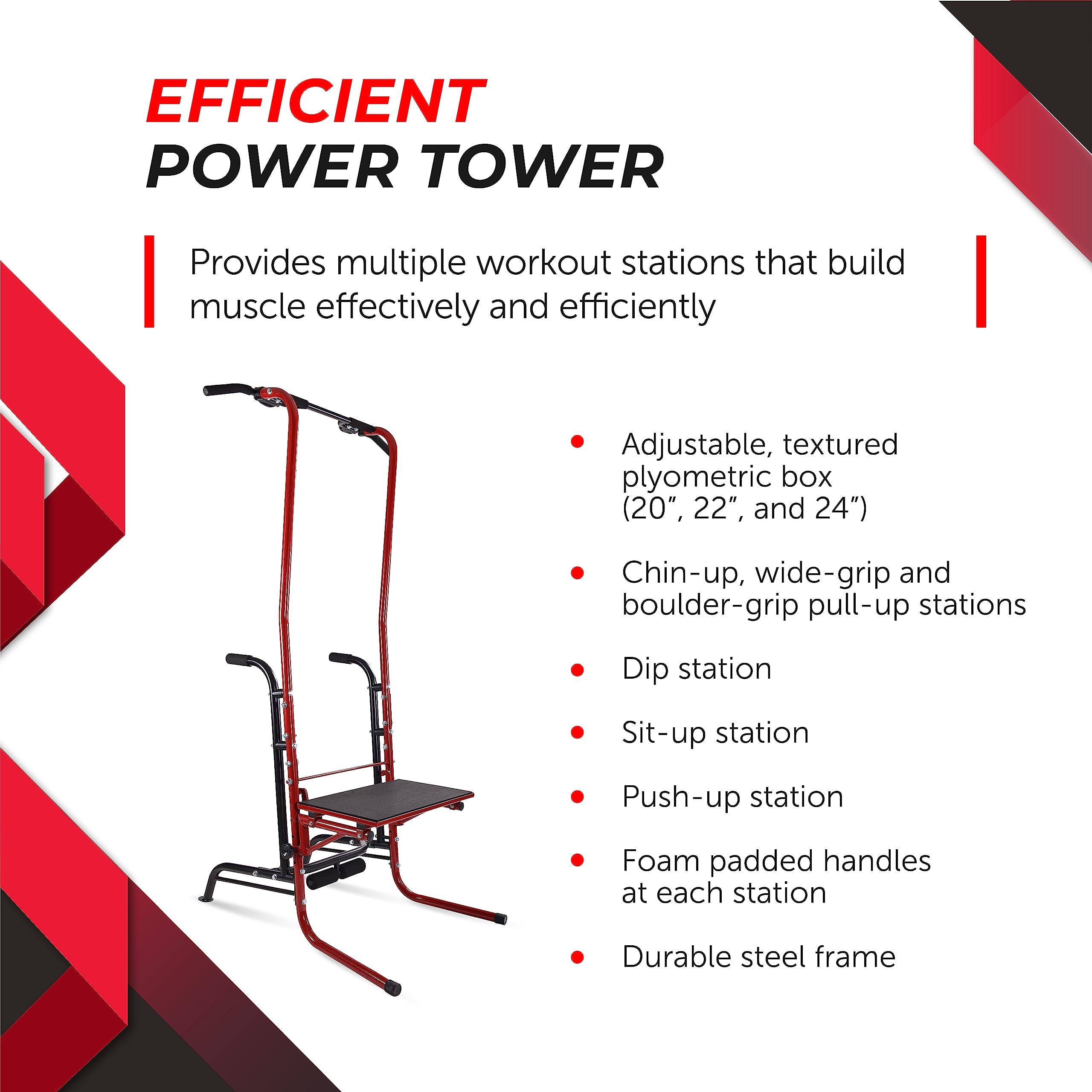 Stamina Power Tower w/Smart Workout App - Pull Up Bar Dip Station for Home Gym Strength Training Workout Equipment, Red/Black