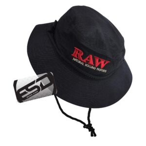 raw black smokermans hat large sized - functional bucket hat with four preroll slots for cones or storage tubes - 100% cotton