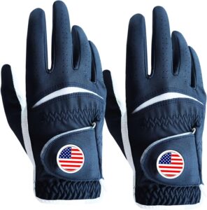 finger ten golf gloves men left handed golfer 2 pack right hand with ball marker leather premium weathersof grip soft mens golf glove (blue,medium,worn on right hand)