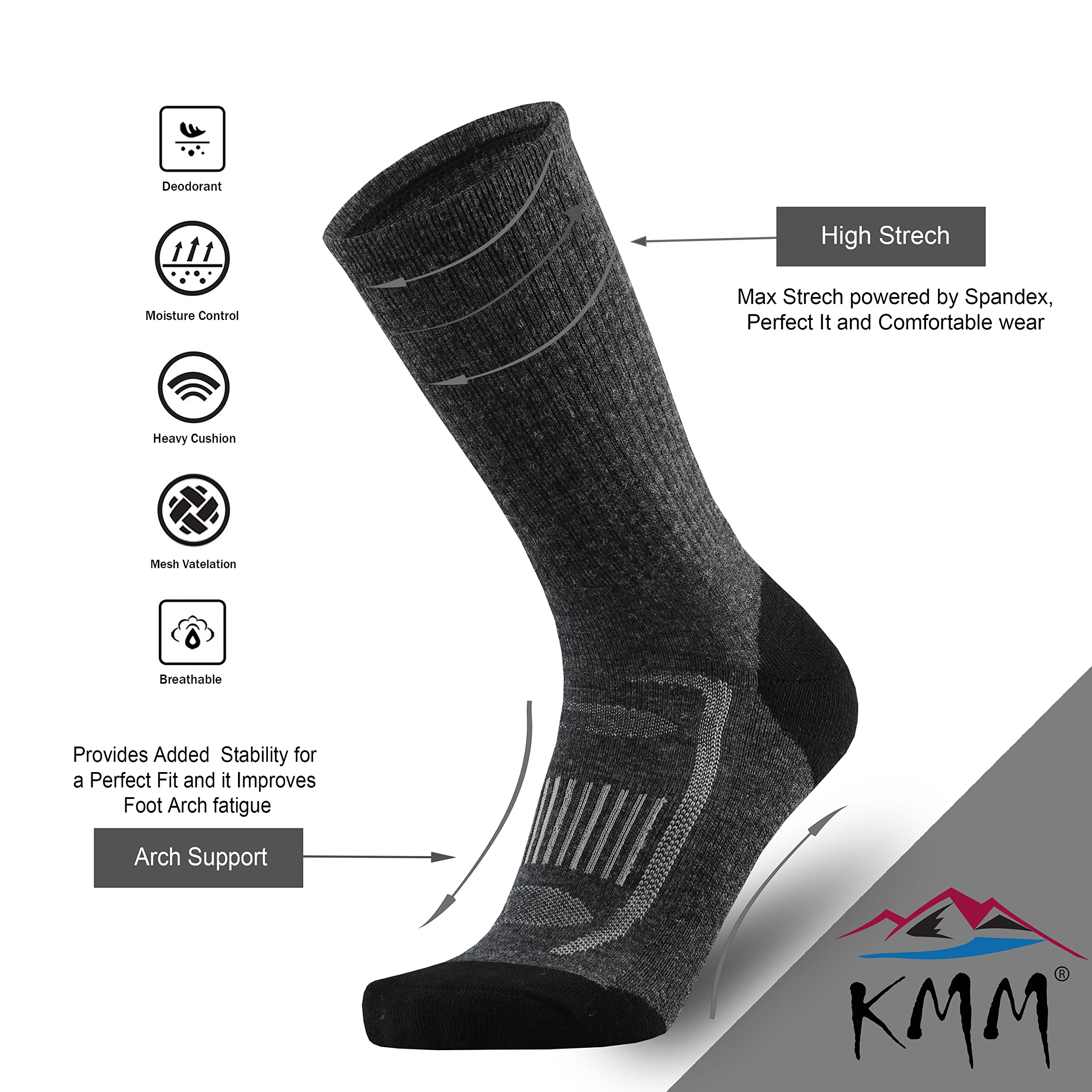 KMM Men's Merino Wool Cushion Crew Socks Moisture Wicking Control Medium Weight Warm for Outdoor Hiking Hike Trail Cycling(DarkGray XL)