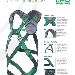 MSA 10206101 V-Form+ Full Body Safety Harness - Size: Medium, D-Ring Configuration: Back, Quick Connect Leg Straps, With Shoulder Padding, Full Body Harness