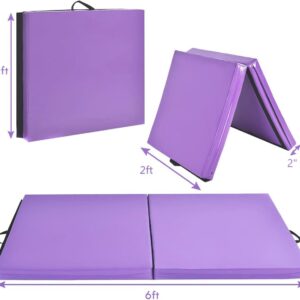 Giantex 6'x 2' Folding Gymnastics Mat, Exercise Mat w/Carrying Handles, Small Size, Easy to Store and Clean, Lightweight Tumbling Mat for Gym, Home (Purple)