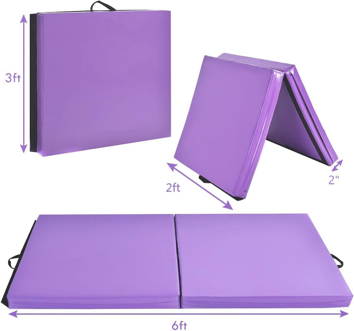 Giantex 6'x 2' Folding Gymnastics Mat, Exercise Mat w/Carrying Handles, Small Size, Easy to Store and Clean, Lightweight Tumbling Mat for Gym, Home (Purple)