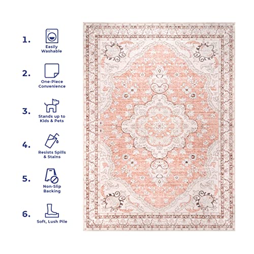 nuLOOM Tracie Machine Washable Floral Medallion Area Rug, 5' x 8', Peach