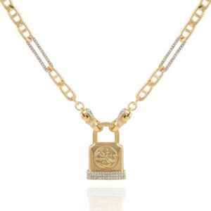 GUESS womens Gold-Tone Chain Necklace Logo Padlock Pendant