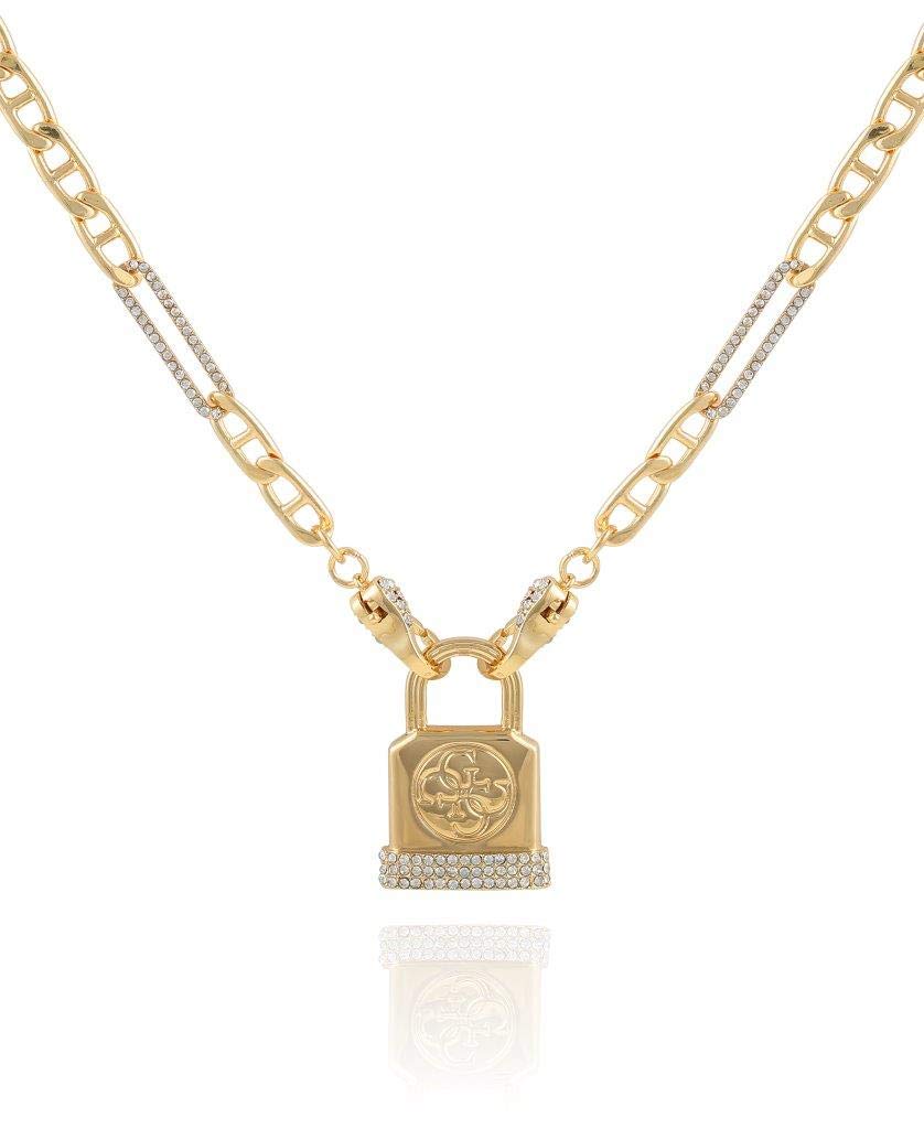 GUESS womens Gold-Tone Chain Necklace Logo Padlock Pendant