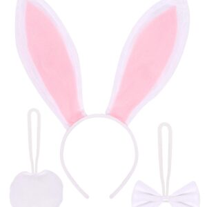 Funcredible White Bunny Ears Headband, Bunny Tail and Bowtie - Bunny Costume Set - Rabbit Costume Cosplay Accessories for Kids and Adult