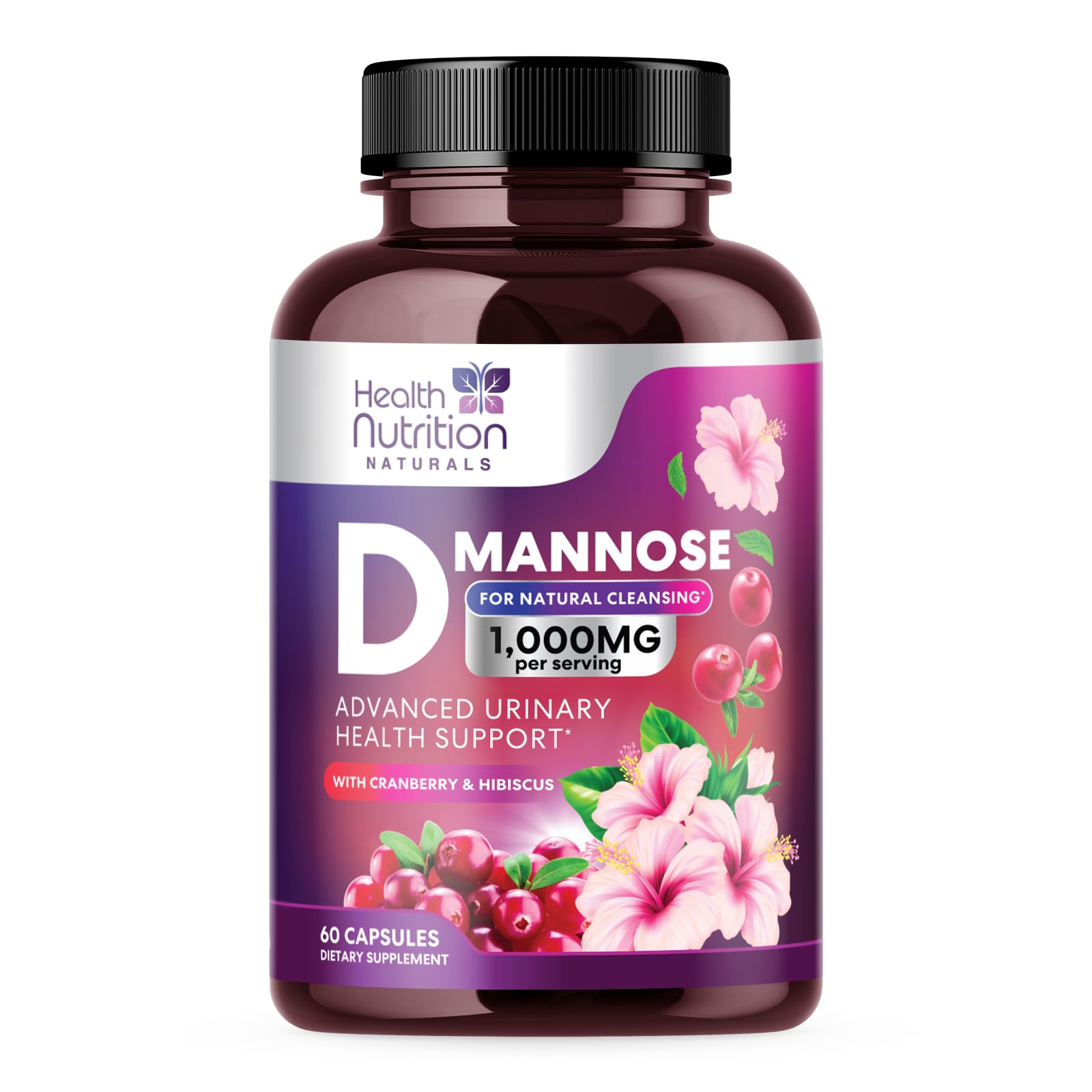 D-Mannose & Cranberry Extract 1350mg Advanced Formula, Fast-Acting Natural Urinary Tract Health Support for Women & Men, Flush Impurities in Urinary Tract & Bladder, Non-GMO, Vegan - 60 Capsules