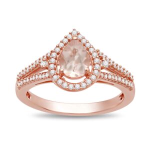 Jewelili 10K Rose Gold 7X5 MM Pear Shape Morganite and 1/4 Cttw Natural White Round Diamond Ring, Size 7