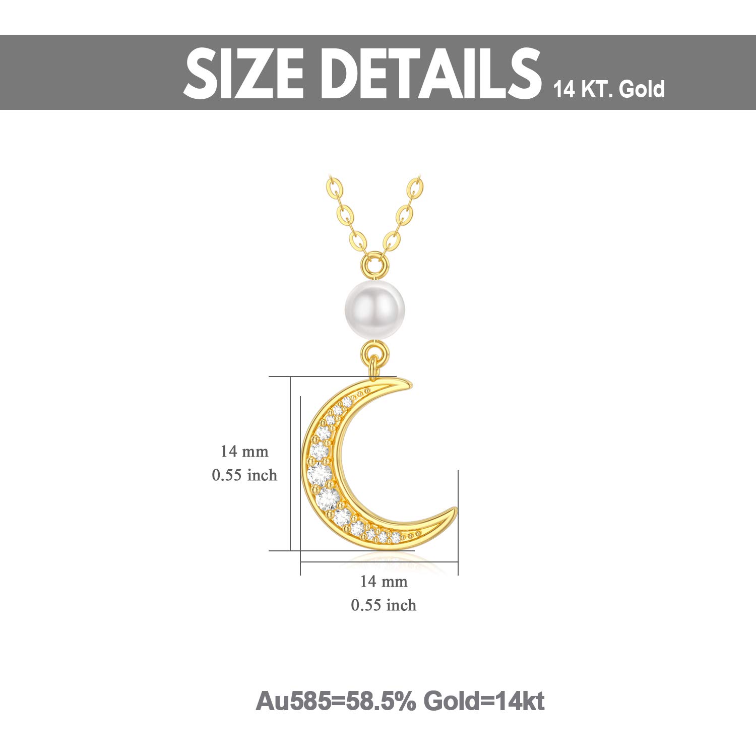 14K Solid Gold Crescent Moon Necklace for Women, Real Gold Moissanite Moon Pendant with Pearl Necklace Anniversary Jewelry Gift for Her, 16-18 Inch