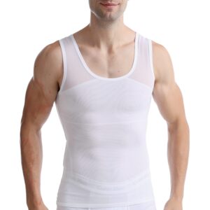 ISUP Mens Slimming Body Shaper Shirt Chest Compression Tank Top Tummy Control Undershirt Shaperwear White