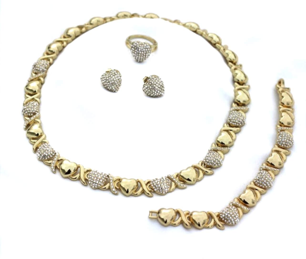 Hugs And Kisses Necklace Set - Necklace Set - Gold Plated Necklace Set - Gold Plated Earrings Ring Bracelet Necklace