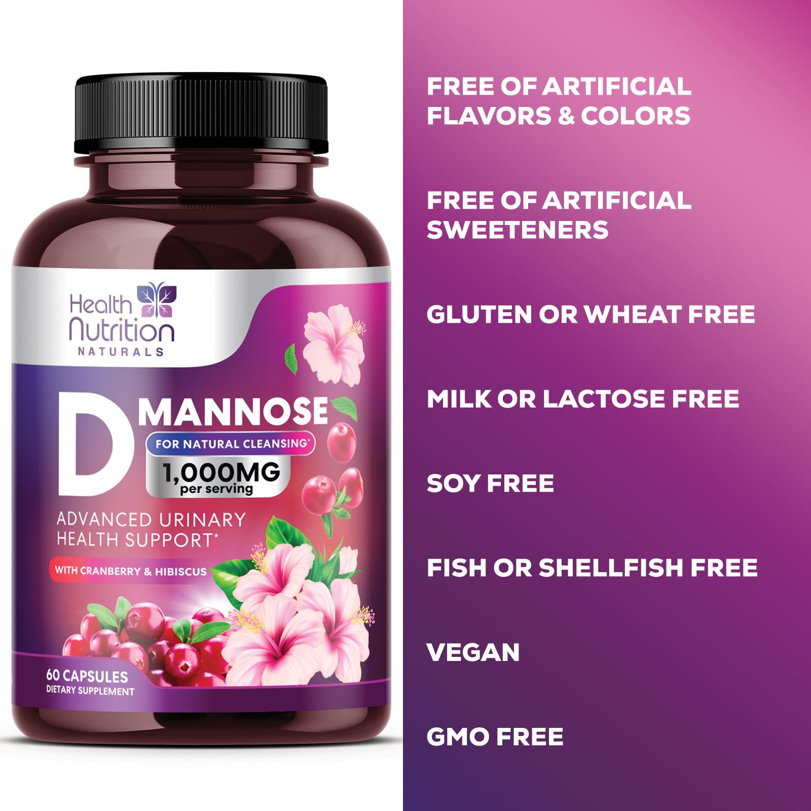 D-Mannose & Cranberry Extract 1350mg Advanced Formula, Fast-Acting Natural Urinary Tract Health Support for Women & Men, Flush Impurities in Urinary Tract & Bladder, Non-GMO, Vegan - 60 Capsules