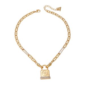 GUESS womens Gold-Tone Chain Necklace Logo Padlock Pendant