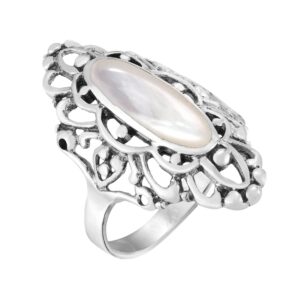 AeraVida Cute Heart Filigree Oval Mother of Pearl .925 Sterling Silver Ring