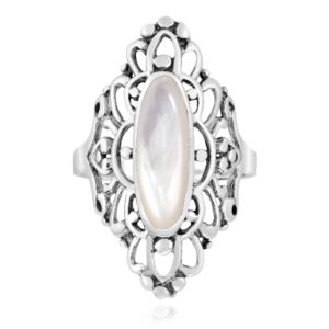 AeraVida Cute Heart Filigree Oval Mother of Pearl .925 Sterling Silver Ring