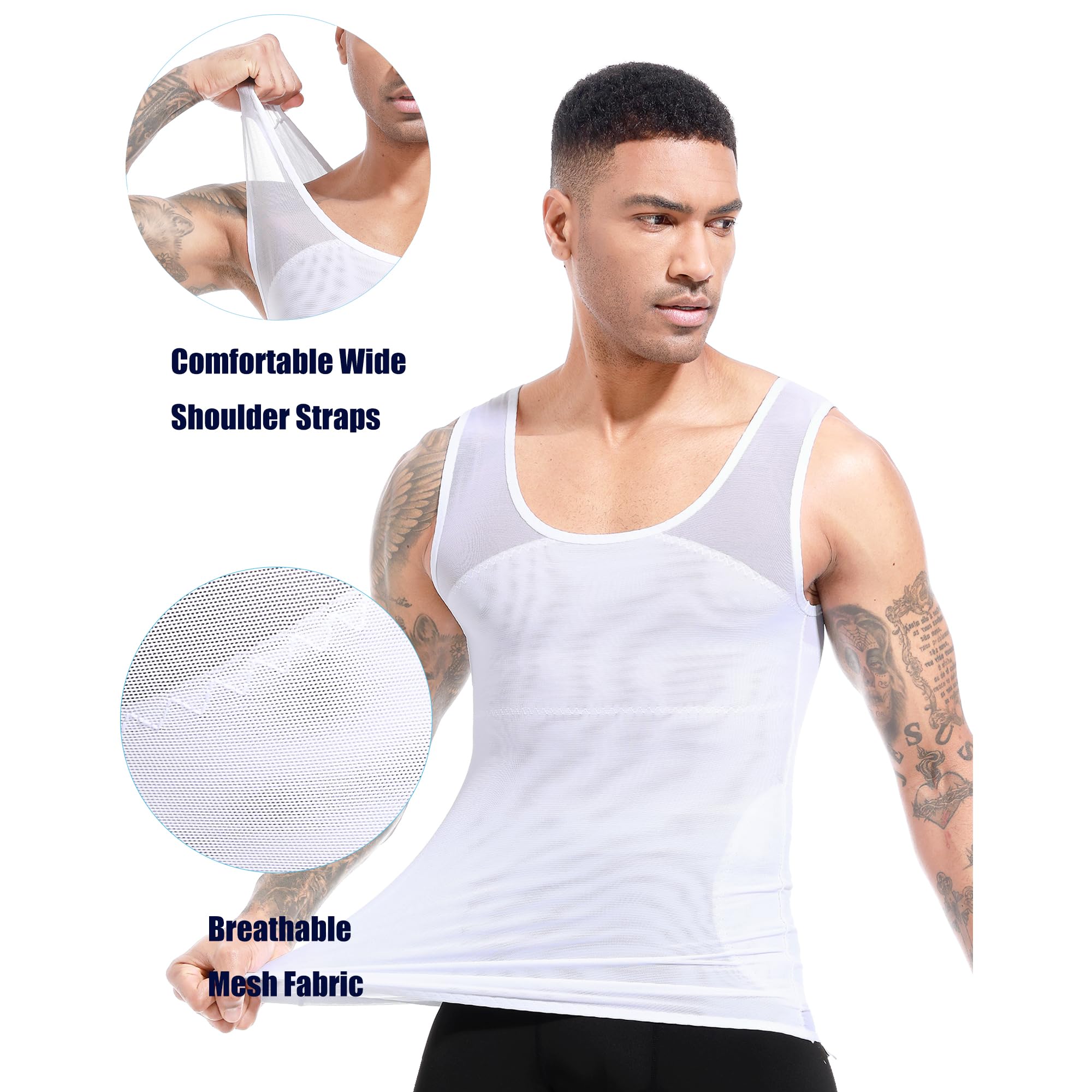 ISUP Mens Slimming Body Shaper Shirt Chest Compression Tank Top Tummy Control Undershirt Shaperwear White