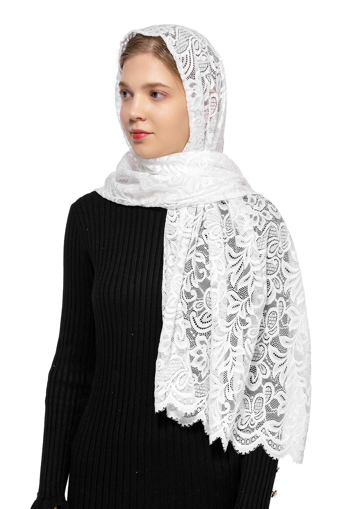 Wgior Rectangular Chapel Veil Scarf Catholic Church Veils Mantilla Wrap Shawl Mass Head Covering (White)