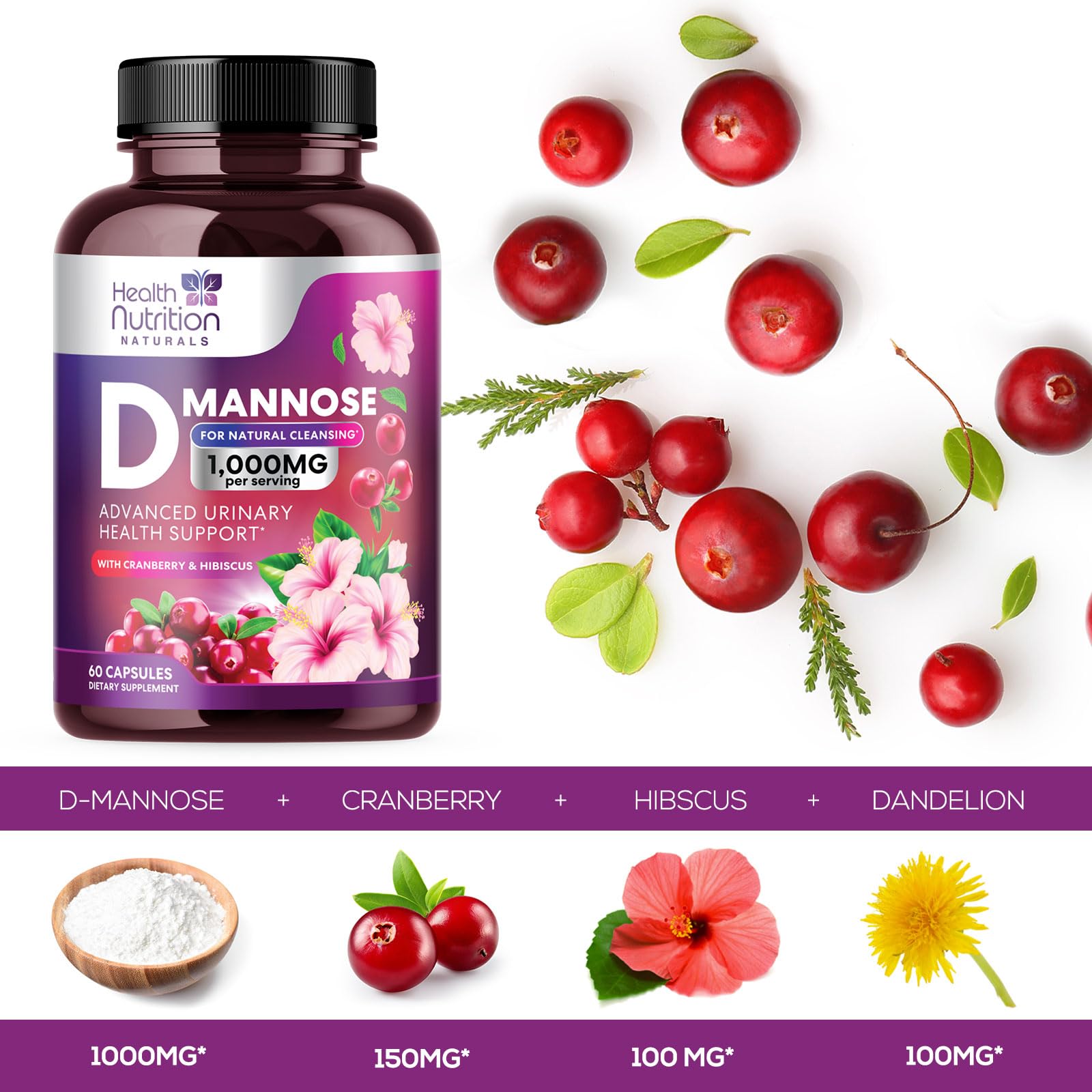 D-Mannose & Cranberry Extract 1350mg Advanced Formula, Fast-Acting Natural Urinary Tract Health Support for Women & Men, Flush Impurities in Urinary Tract & Bladder, Non-GMO, Vegan - 60 Capsules