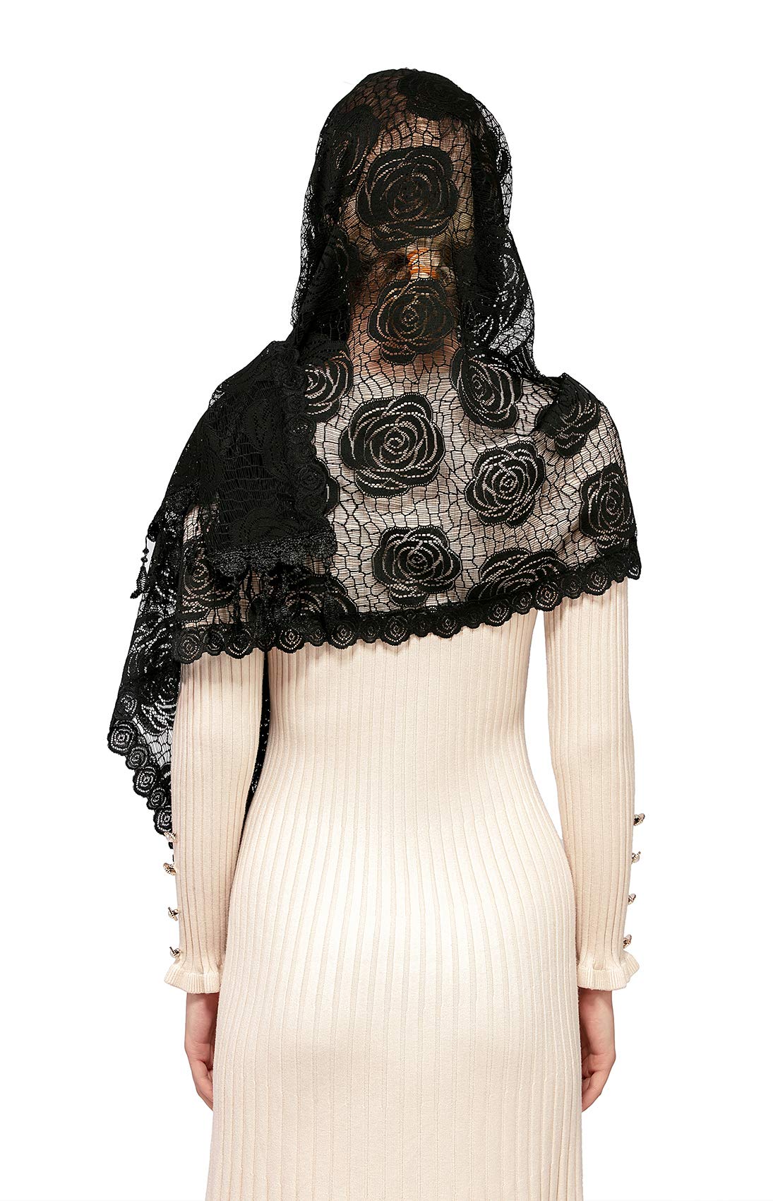 Wgior Rose Rectangular Chapel Veil Scarf Catholic Church Veils Mantilla Wrap Shawl Mass Head Covering (Black)