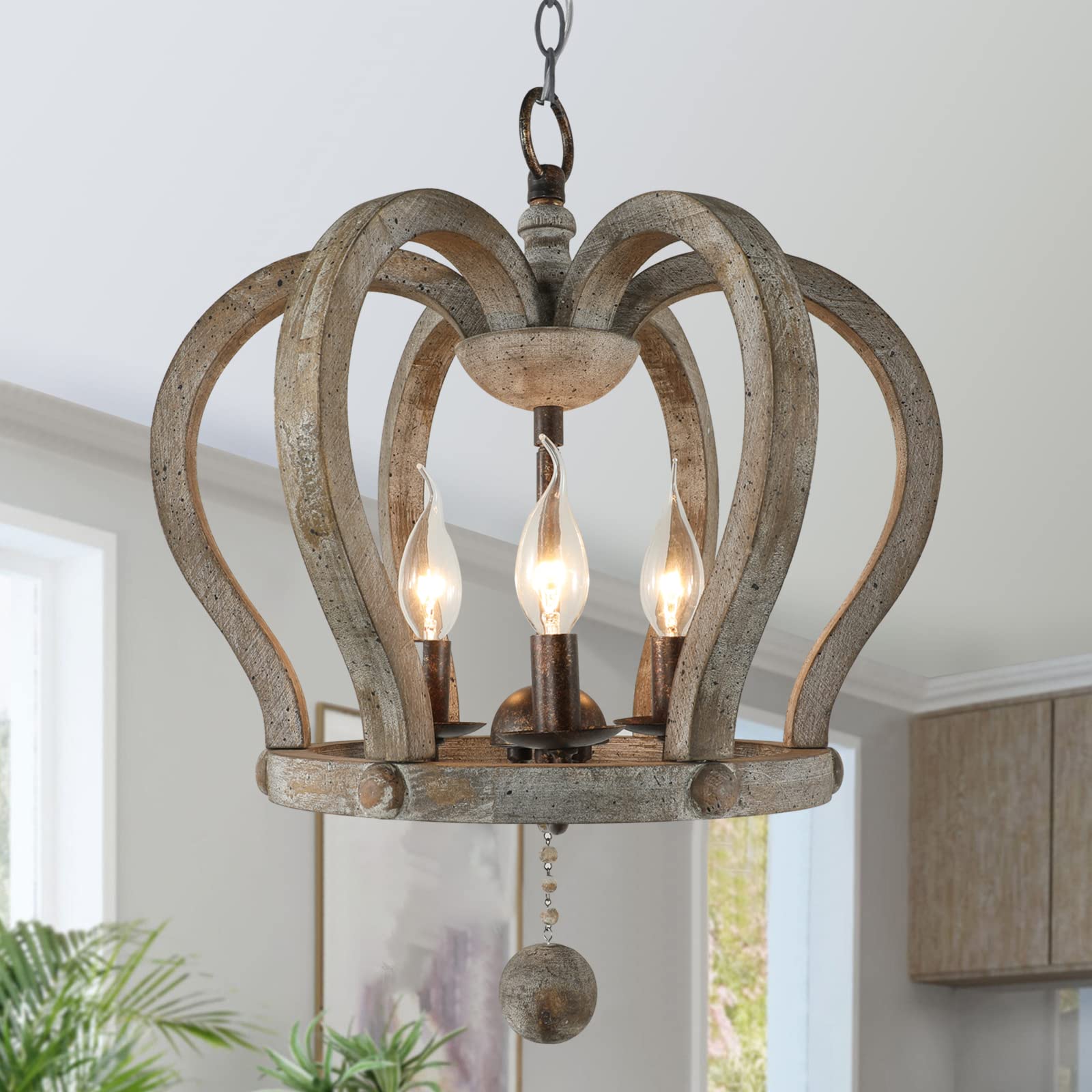 CFAGHOMEDESIGN Crown Chandelier,3-Light Wood Chandelier Light Fixture Modern,Wooden Chandeliers for Living Room,Farmhouse Dining Room Light fixtures Over Table,Antique and Rusty Gold Finish