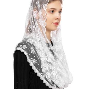 Wgior Embroidered Lace Chapel Veil Infinity Mantilla Veils Catholic Church veil Latin Mass Head Covering Scarf (White)