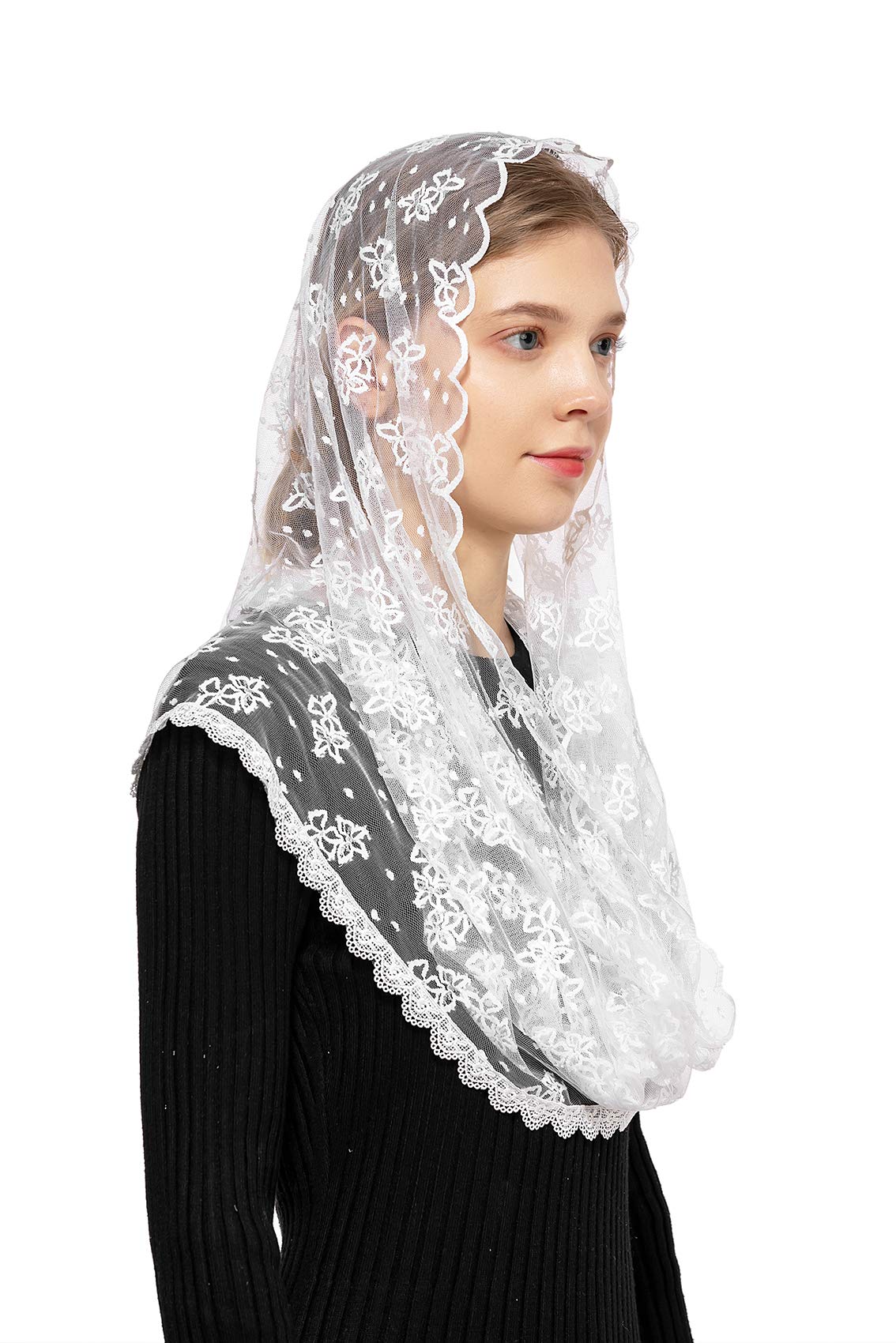 Wgior Embroidered Lace Chapel Veil Infinity Mantilla Veils Catholic Church veil Latin Mass Head Covering Scarf (White)