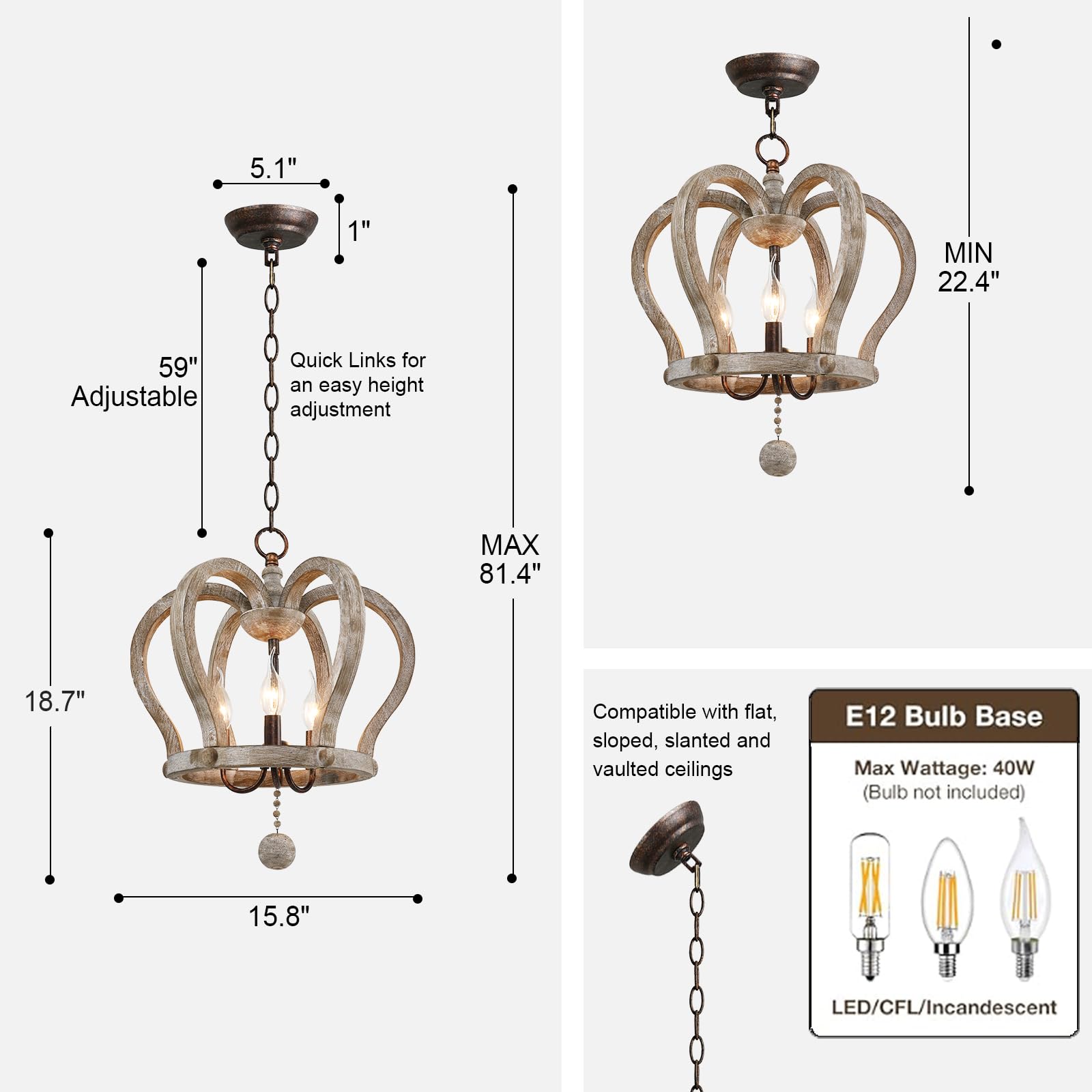 CFAGHOMEDESIGN Crown Chandelier,3-Light Wood Chandelier Light Fixture Modern,Wooden Chandeliers for Living Room,Farmhouse Dining Room Light fixtures Over Table,Antique and Rusty Gold Finish