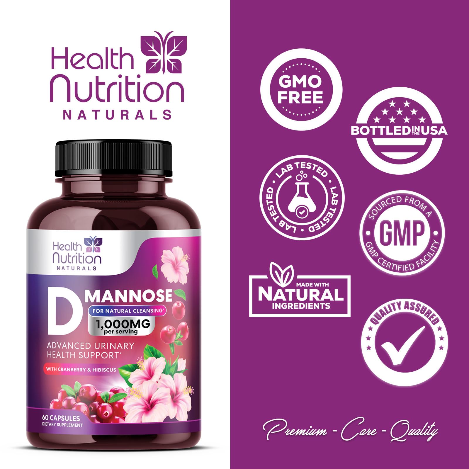 D-Mannose & Cranberry Extract 1350mg Advanced Formula, Fast-Acting Natural Urinary Tract Health Support for Women & Men, Flush Impurities in Urinary Tract & Bladder, Non-GMO, Vegan - 60 Capsules