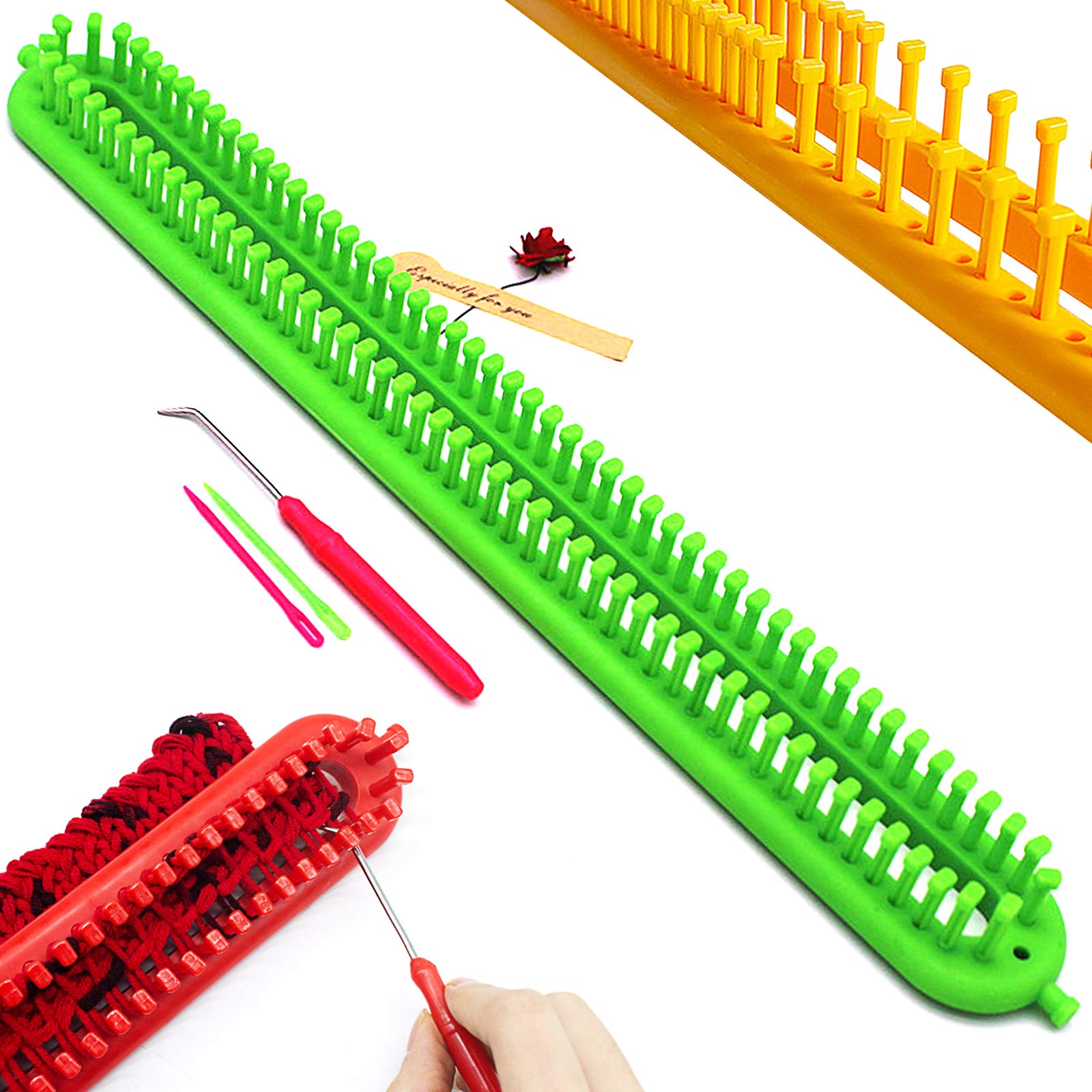 Katech Rectangle Knitting Looms 47 cm Long Green Plastic Weaving Looms Set Scarf Hats Making Tools DIY Crocheting Handmade Craft Kit with a Crochet Hook and Needle for Knitting Lovers (Green)