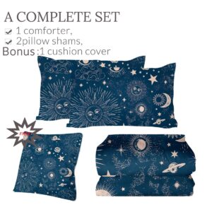 Sleepwish Celestial Comforter Set Sun Moon and Star Bedding Set Full Size 4 Piece Boho Blue Space Galaxy Comforter for Kids Boy Girls