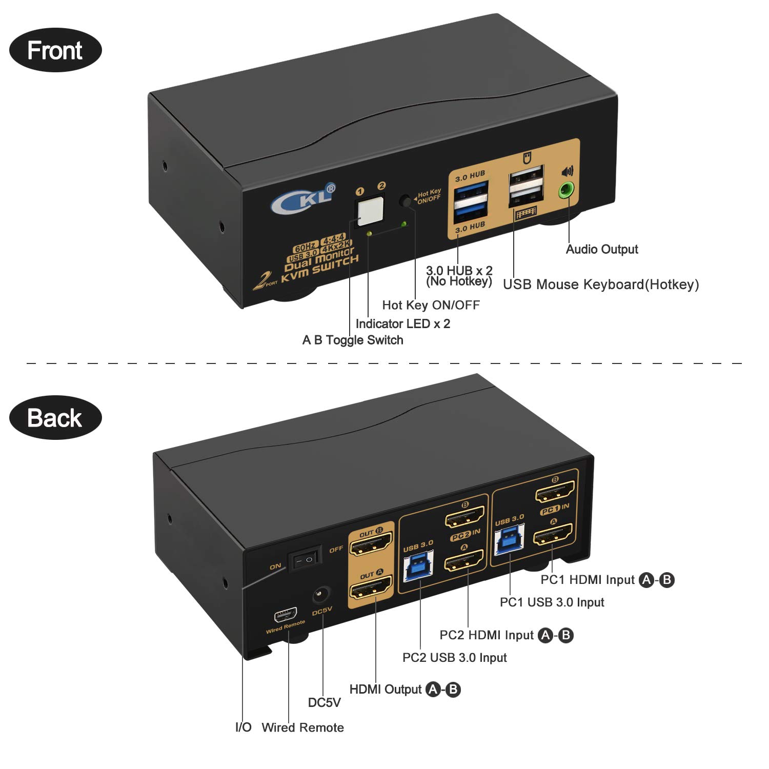 CKL USB 3.0 HDMI KVM Switch Dual Monitor 2 Port Extended Display 4K 60Hz with Cables and Audio 922HUA-3