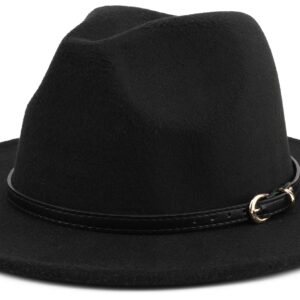 Melesh Wide Brim Unisex Classic Belt Buckle Fedora Hat (b Black)