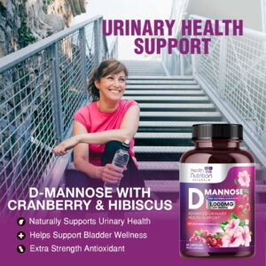 D-Mannose & Cranberry Extract 1350mg Advanced Formula, Fast-Acting Natural Urinary Tract Health Support for Women & Men, Flush Impurities in Urinary Tract & Bladder, Non-GMO, Vegan - 60 Capsules