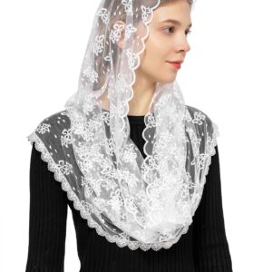 Wgior Embroidered Lace Chapel Veil Infinity Mantilla Veils Catholic Church veil Latin Mass Head Covering Scarf (White)