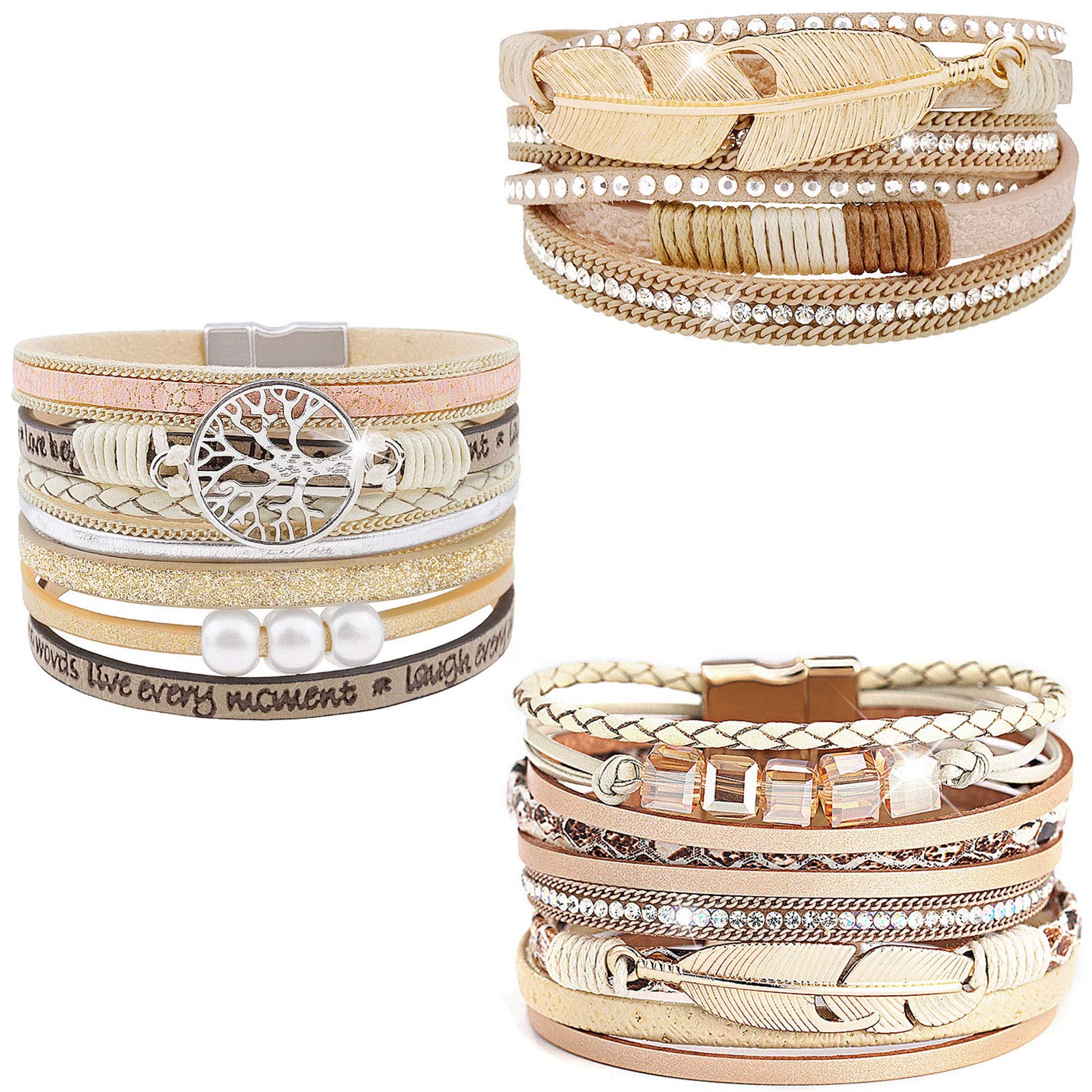 Wovanoo Leather Wrap Bracelet Set 3Pack Wrist Cuff Bracelet for Women Multilayer Magnetic Clasp Bracelet Feather Tree Bead Crystal Bracelet 3pack