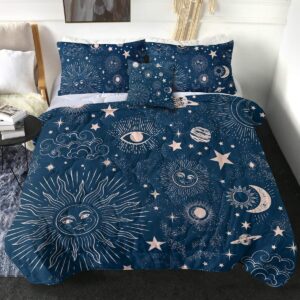 Sleepwish Celestial Comforter Set Sun Moon and Star Bedding Set Full Size 4 Piece Boho Blue Space Galaxy Comforter for Kids Boy Girls