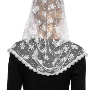 Wgior Embroidered Lace Chapel Veil Infinity Mantilla Veils Catholic Church veil Latin Mass Head Covering Scarf (White)