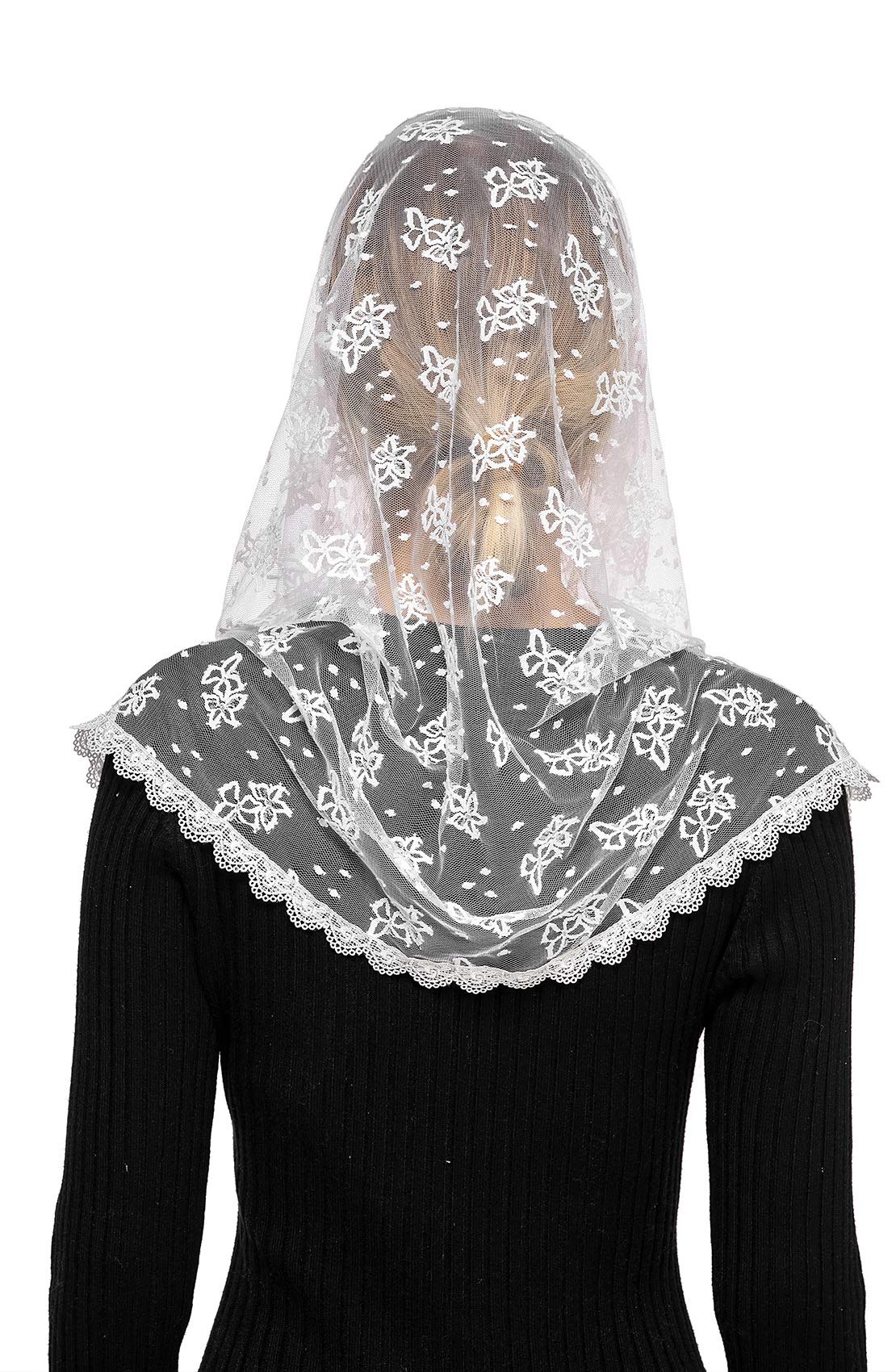 Wgior Embroidered Lace Chapel Veil Infinity Mantilla Veils Catholic Church veil Latin Mass Head Covering Scarf (White)