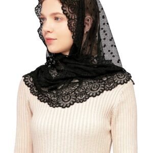 Wgior Triangle Vintage Inspired Lace Chapel Veils Catholic Mass Head Covering Scarf Mantilla Veils for Church (Black)