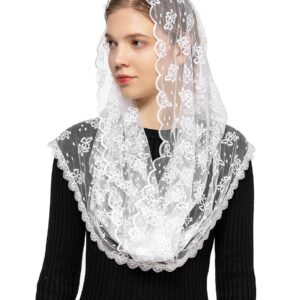 Wgior Embroidered Lace Chapel Veil Infinity Mantilla Veils Catholic Church veil Latin Mass Head Covering Scarf (White)