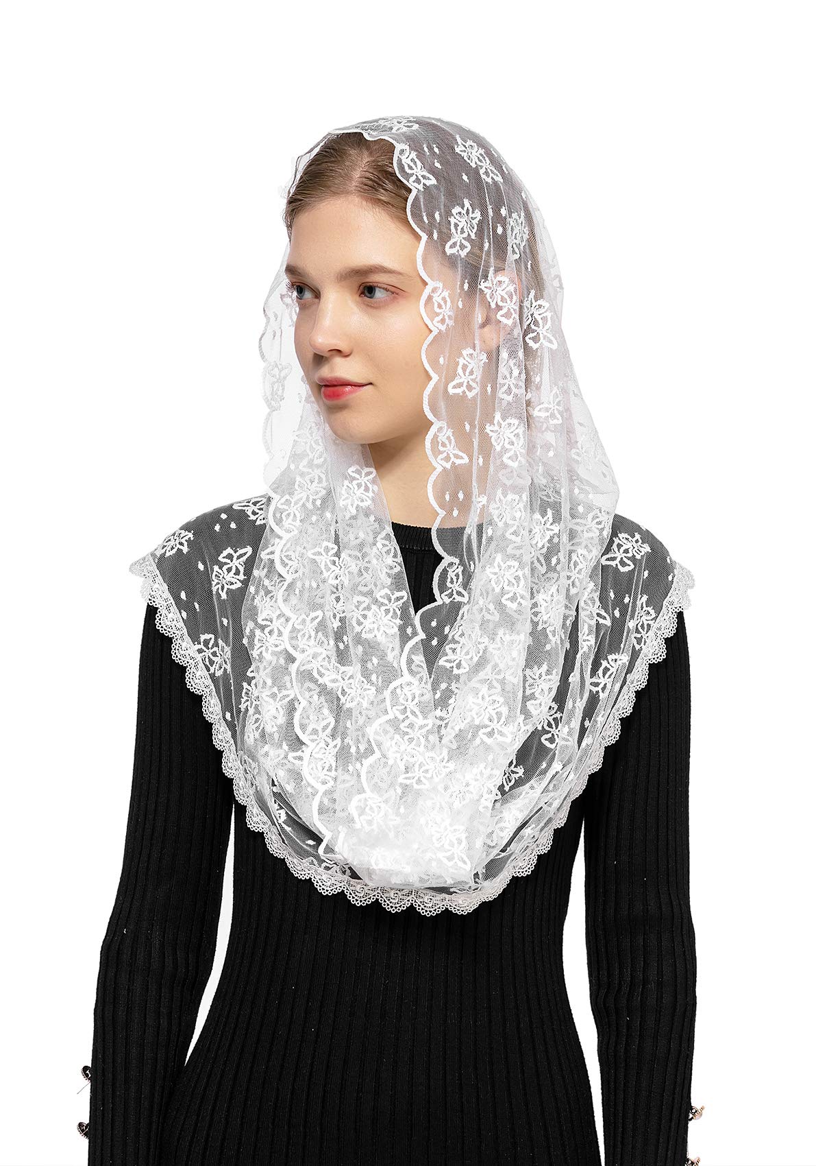 Wgior Embroidered Lace Chapel Veil Infinity Mantilla Veils Catholic Church veil Latin Mass Head Covering Scarf (White)