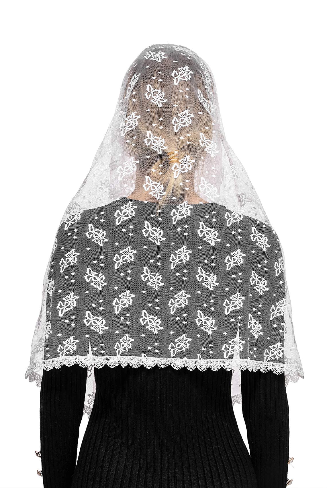 Wgior Embroidered Lace Chapel Veil Infinity Mantilla Veils Catholic Church veil Latin Mass Head Covering Scarf (White)